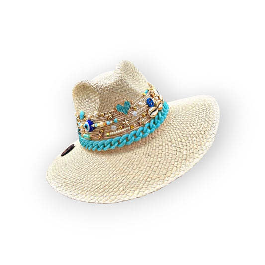 Sombrero Blanco Modificado Bisuteria Azul